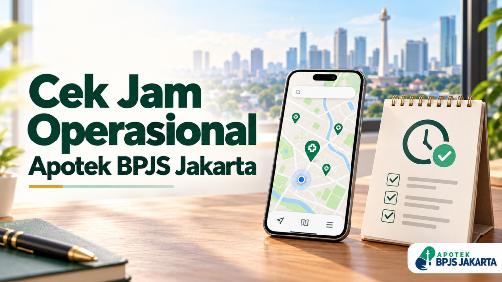 Ilustrasi cek jam operasional Apotek BPJS Jakarta melalui peta dan checklist sebelum datang